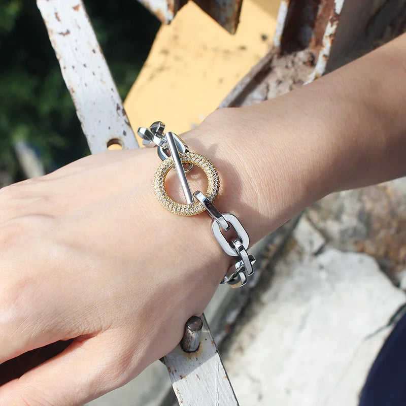 Stainless Steel Paperclip Links Bracelets Cubic Zirconia T Toggle Clasp Waterproof Wristband Hand Chains Punk Hip Hop Jewelry