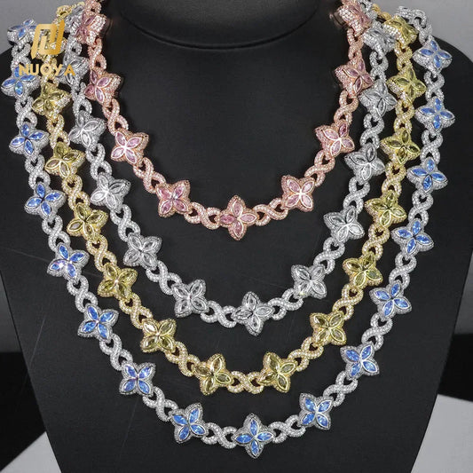 NUOYA Hip Hop Jewelry 8mm Colored Iced Out Diamond Flower Chain Infinite Symbol Chain Four Leaf Clover Necklace for Men Women