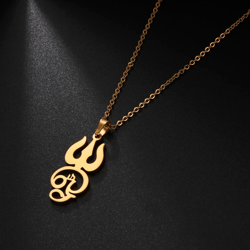 Myshape India Tamil Om Symbol with Trident Pendant Stainless Steel Necklace Om Shiva Symbol Yoga Vintage Talisman Jewelry