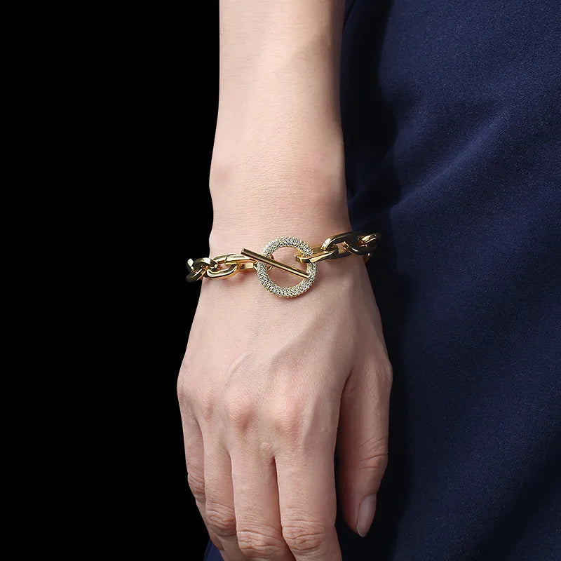 Stainless Steel Paperclip Links Bracelets Cubic Zirconia T Toggle Clasp Waterproof Wristband Hand Chains Punk Hip Hop Jewelry