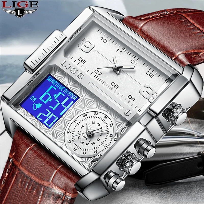 LIGE 2025 Top Brand Luxury Mens Watches Square Digital Sports Quartz Wrist Watch for Men Waterproof Stopwatch Relogio Masculino