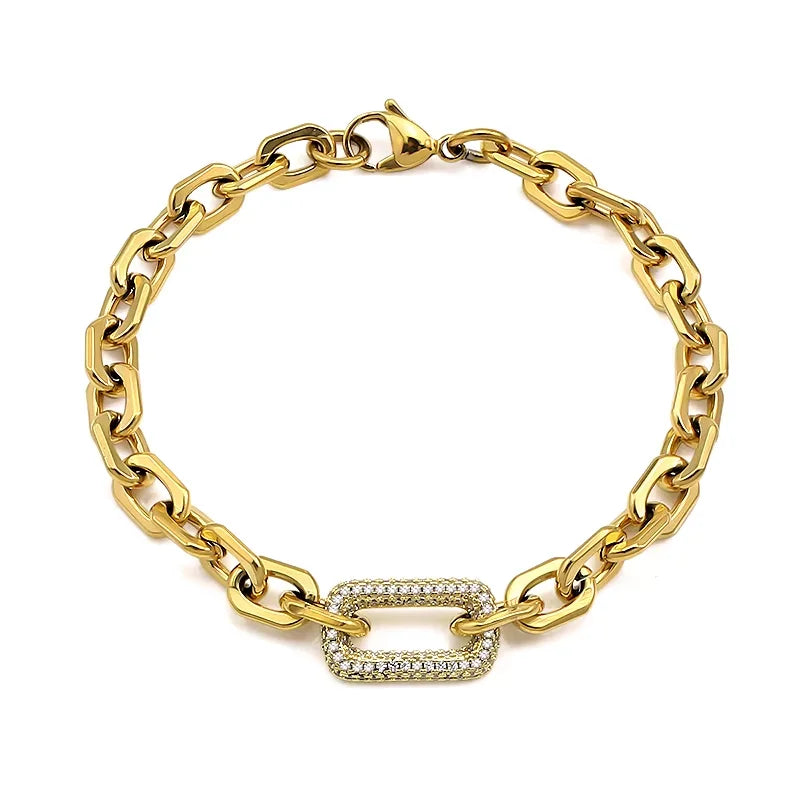 Stainless Steel Paperclip Links Bracelets Cubic Zirconia T Toggle Clasp Waterproof Wristband Hand Chains Punk Hip Hop Jewelry