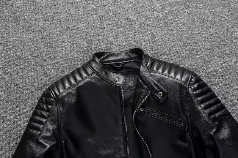 Pure Top Layer Cowhide Motorcycle Suit Leather Jacket Men's Cycling Jacket Slim Fit Stand Collar Short Black Jacket