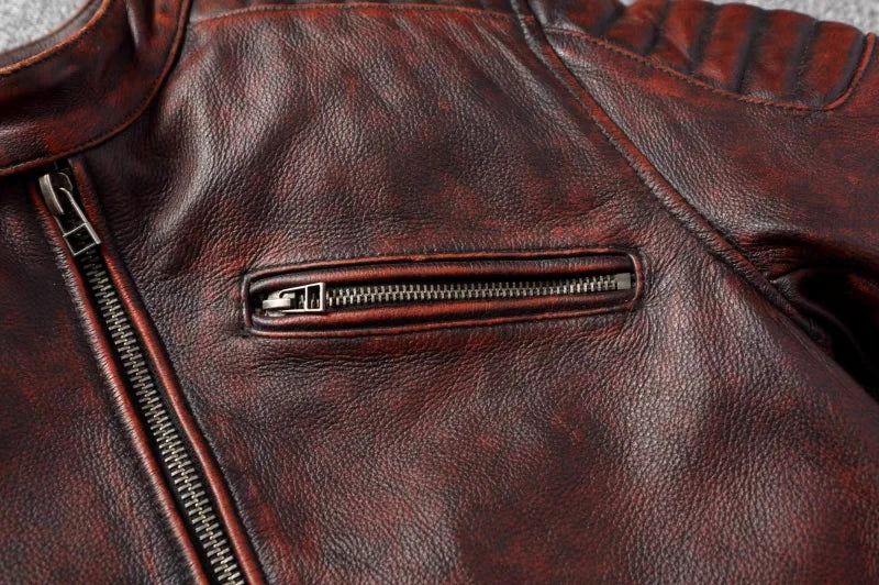 Pure Top Layer Cowhide Motorcycle Suit Leather Jacket Men's Cycling Jacket Slim Fit Stand Collar Short Black Jacket