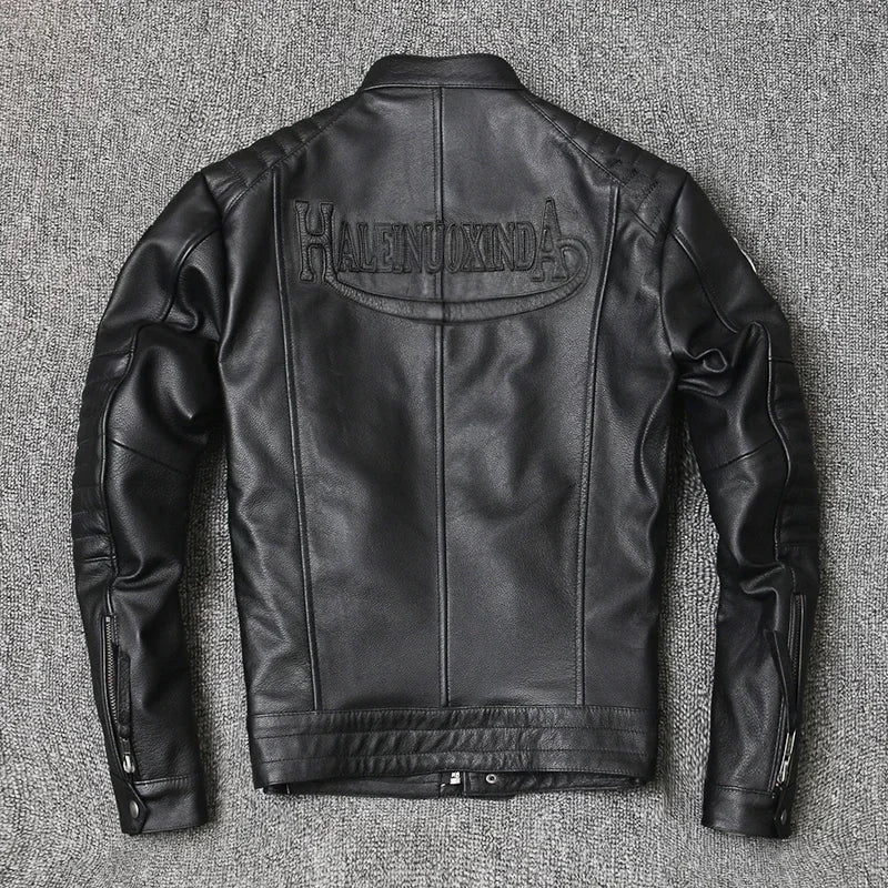 Motorcycle for Men Biker Style Mixed Spinning Slim Cowhide Coat Men  Jackets