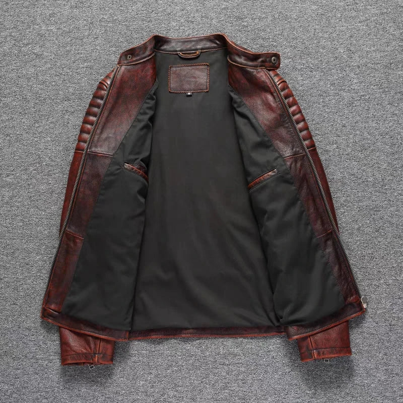 Pure Top Layer Cowhide Motorcycle Suit Leather Jacket Men's Cycling Jacket Slim Fit Stand Collar Short Black Jacket