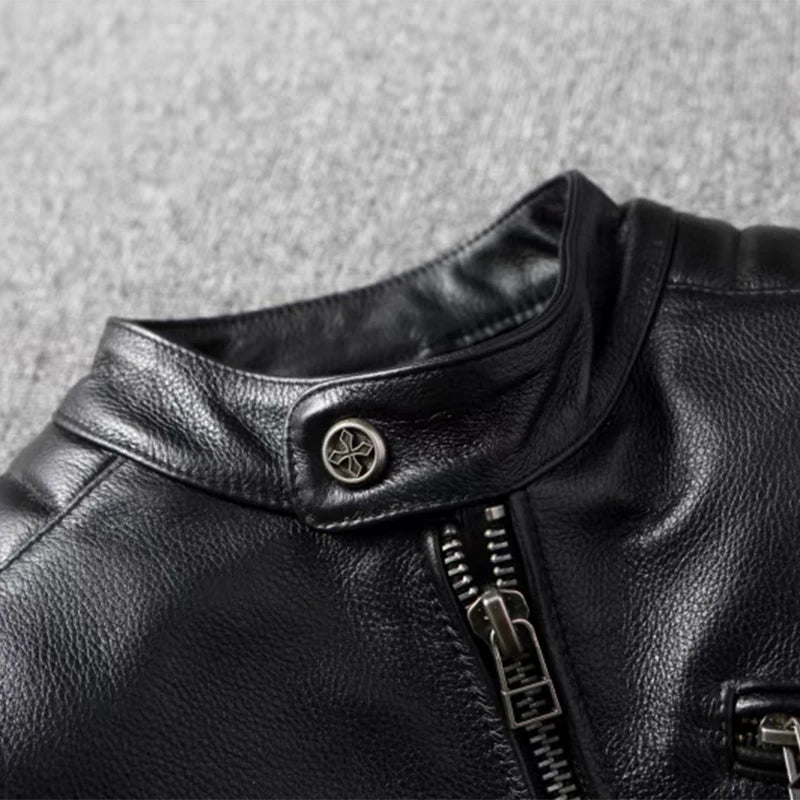Pure Top Layer Cowhide Motorcycle Suit Leather Jacket Men's Cycling Jacket Slim Fit Stand Collar Short Black Jacket