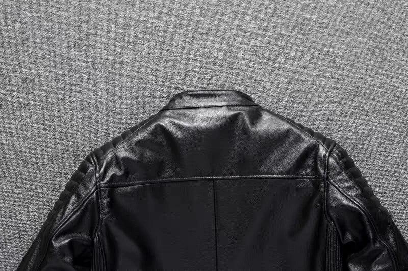 Pure Top Layer Cowhide Motorcycle Suit Leather Jacket Men's Cycling Jacket Slim Fit Stand Collar Short Black Jacket