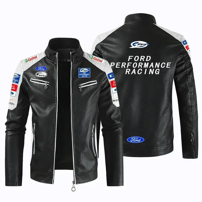 F1 racing suit men's motorcycle leather jacket suitable for Ford FORD team autumn and winter velvet warm jacket