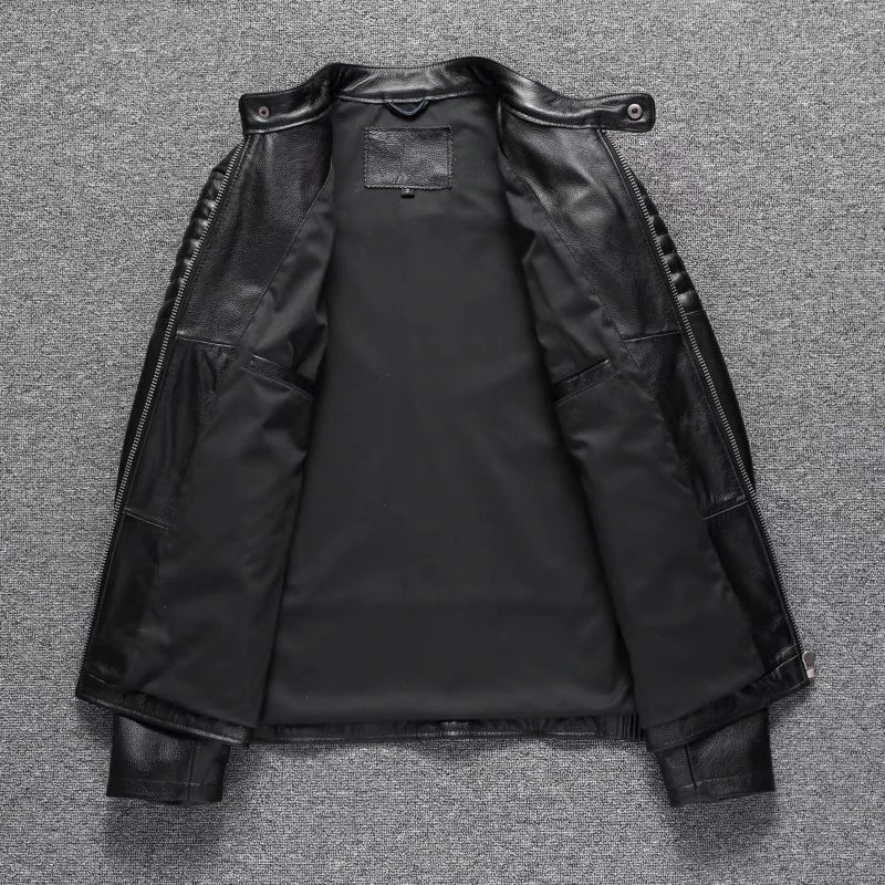 Pure Top Layer Cowhide Motorcycle Suit Leather Jacket Men's Cycling Jacket Slim Fit Stand Collar Short Black Jacket