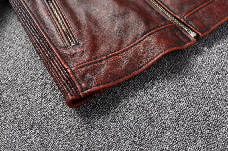 Pure Top Layer Cowhide Motorcycle Suit Leather Jacket Men's Cycling Jacket Slim Fit Stand Collar Short Black Jacket