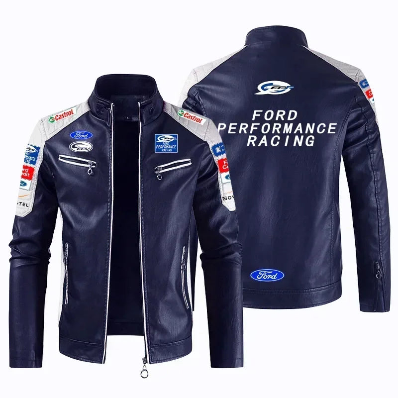 F1 racing suit men's motorcycle leather jacket suitable for Ford FORD team autumn and winter velvet warm jacket