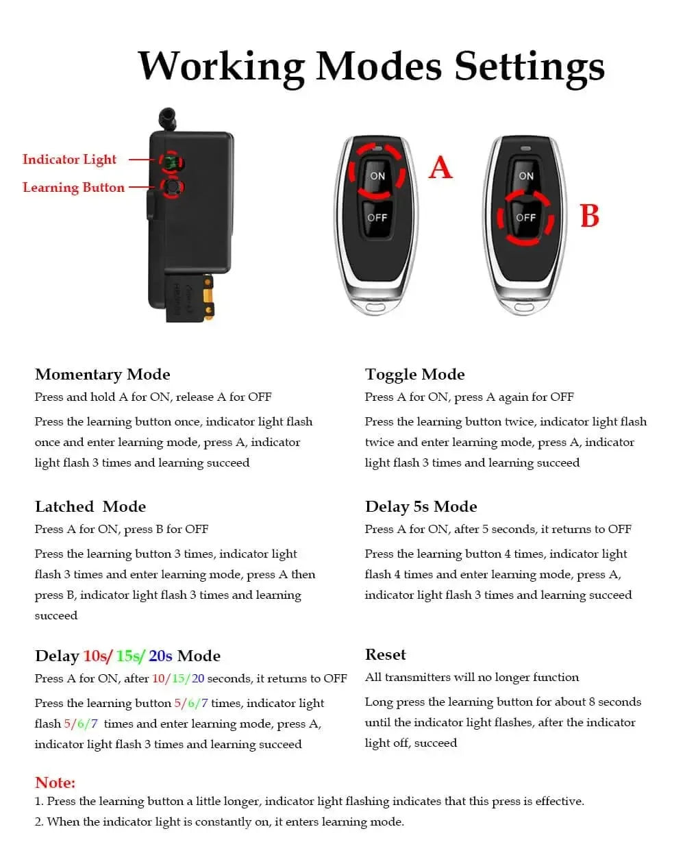 433Mhz Wireless Remote Control Switch AC 110V 220V 10A Relay 1CH Receiver Controller and 2botton RF 433 Mhz Transmitter