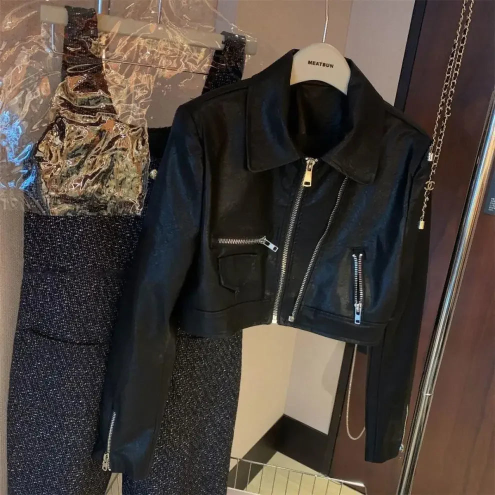 American motorcycle suit leather coat women's autumn new loose Joker double zipper high-grade washed leather short jacket