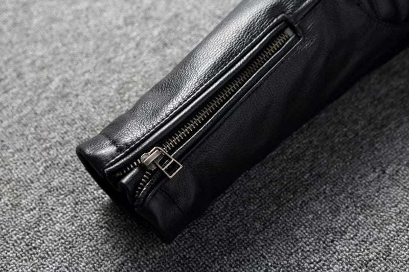 Pure Top Layer Cowhide Motorcycle Suit Leather Jacket Men's Cycling Jacket Slim Fit Stand Collar Short Black Jacket