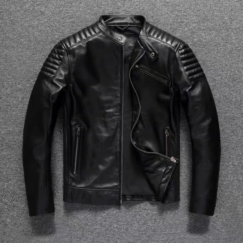 Pure Top Layer Cowhide Motorcycle Suit Leather Jacket Men's Cycling Jacket Slim Fit Stand Collar Short Black Jacket
