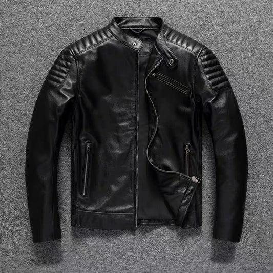 Pure Top Layer Cowhide Motorcycle Suit Leather Jacket Men's Cycling Jacket Slim Fit Stand Collar Short Black Jacket
