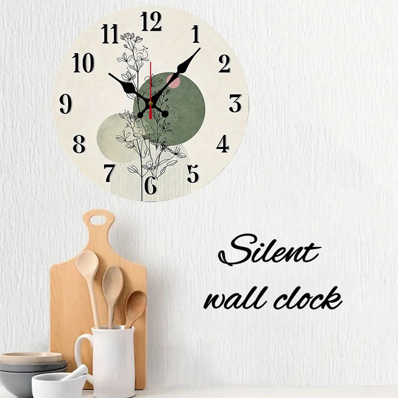 Botanical Design Wooden Round Silent Hanging Wall Clock, Suitable For Living Room, Office, Study Room, Bedroom, Home Decoration