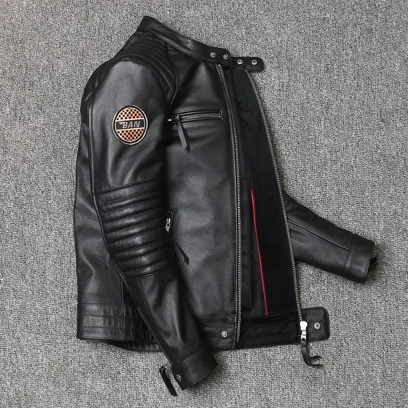 Motorcycle for Men Biker Style Mixed Spinning Slim Cowhide Coat Men  Jackets