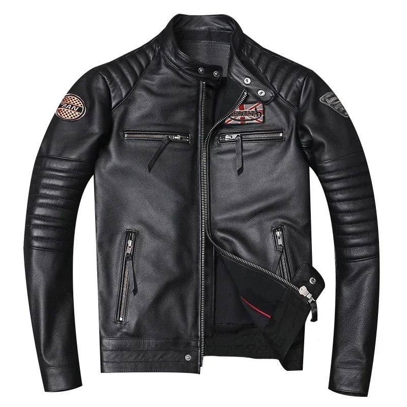 Motorcycle for Men Biker Style Mixed Spinning Slim Cowhide Coat Men  Jackets