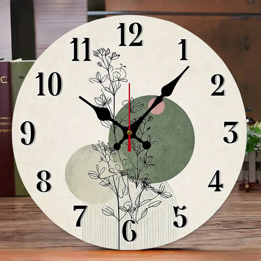 Botanical Design Wooden Round Silent Hanging Wall Clock, Suitable For Living Room, Office, Study Room, Bedroom, Home Decoration
