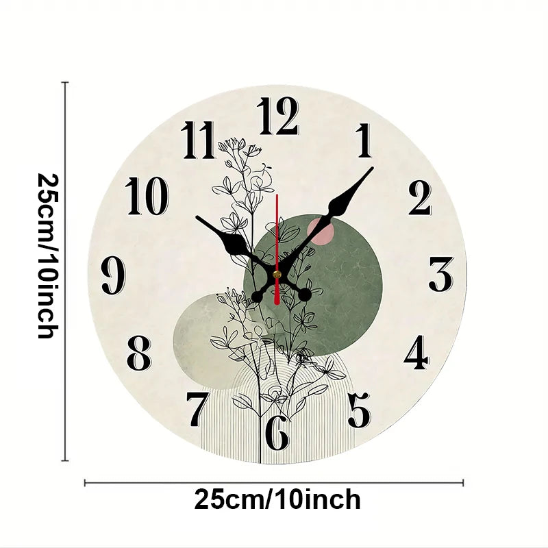 Botanical Design Wooden Round Silent Hanging Wall Clock, Suitable For Living Room, Office, Study Room, Bedroom, Home Decoration