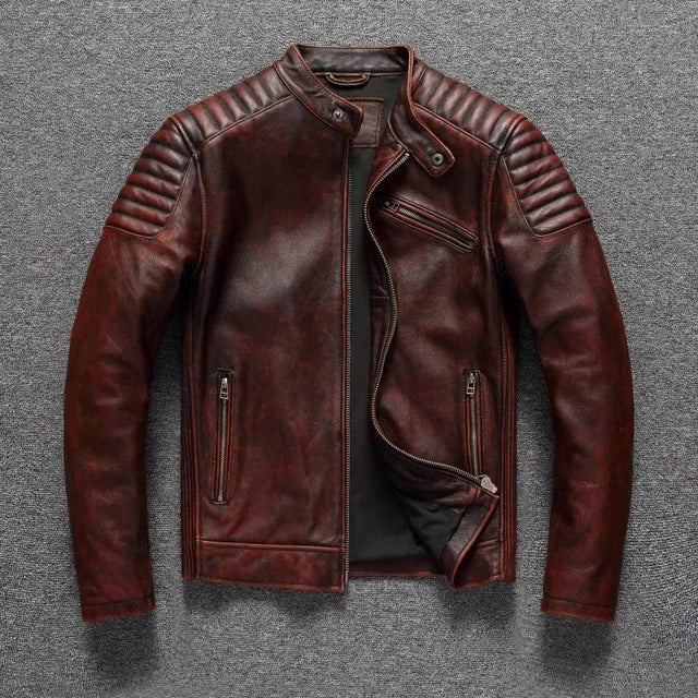 Pure Top Layer Cowhide Motorcycle Suit Leather Jacket Men's Cycling Jacket Slim Fit Stand Collar Short Black Jacket