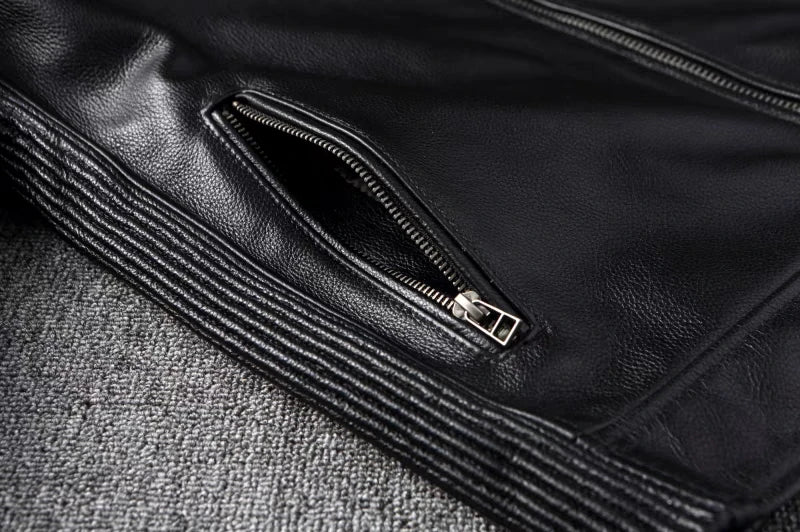 Pure Top Layer Cowhide Motorcycle Suit Leather Jacket Men's Cycling Jacket Slim Fit Stand Collar Short Black Jacket