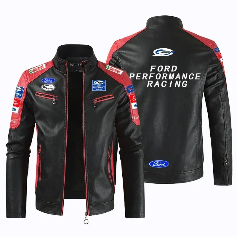 F1 racing suit men's motorcycle leather jacket suitable for Ford FORD team autumn and winter velvet warm jacket