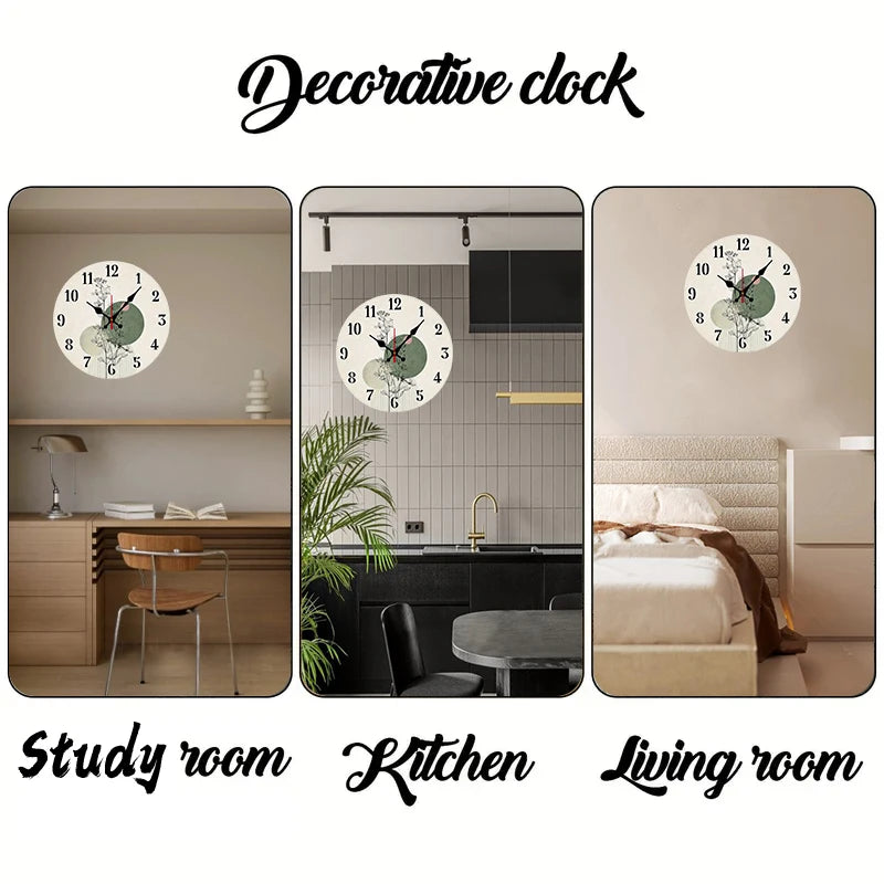 Botanical Design Wooden Round Silent Hanging Wall Clock, Suitable For Living Room, Office, Study Room, Bedroom, Home Decoration