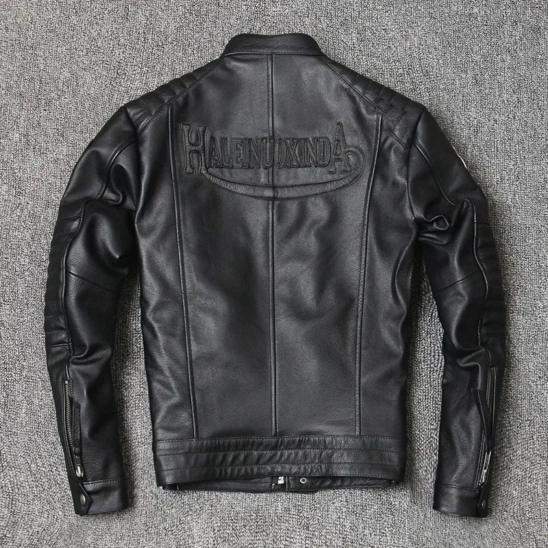 Motorcycle for Men Biker Style Mixed Spinning Slim Cowhide Coat Men  Jackets