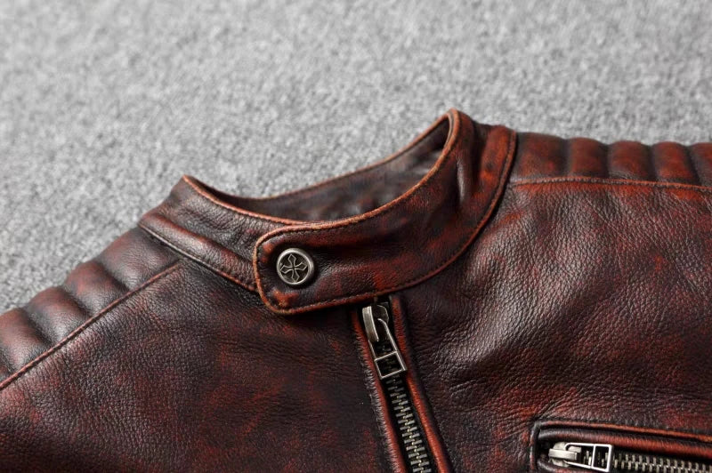 Pure Top Layer Cowhide Motorcycle Suit Leather Jacket Men's Cycling Jacket Slim Fit Stand Collar Short Black Jacket