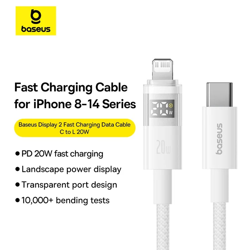 Baseus 20W USB C Cable LED Display  Type C USB Cable For iPhone 14 13 12 iPad Pro Fast Charging Data Wire