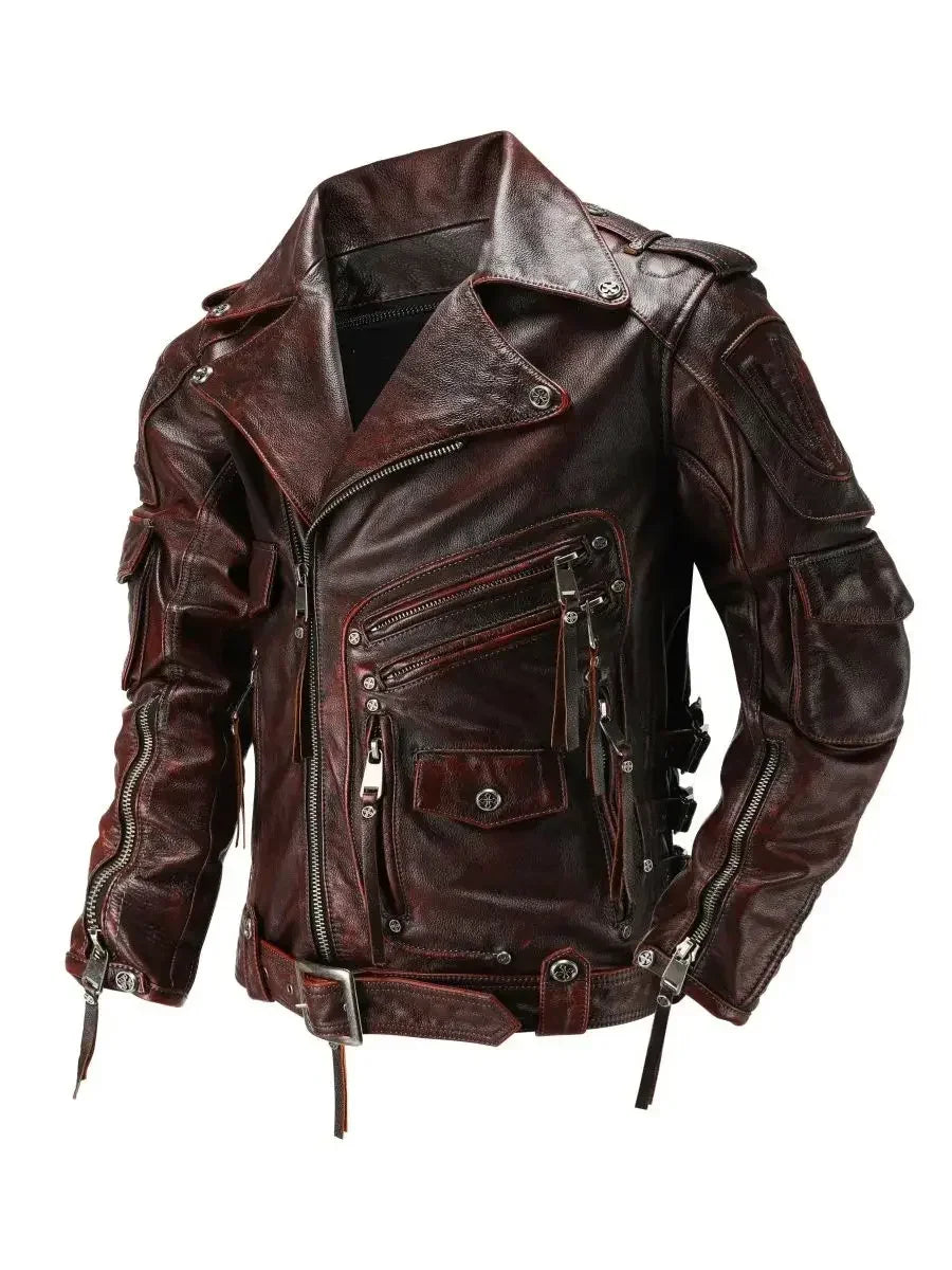 Men's Natural Leather Motorcycle Jacket Top Layer Causal Vintage Retro Moto Suit Leather Coat  Dropshipping