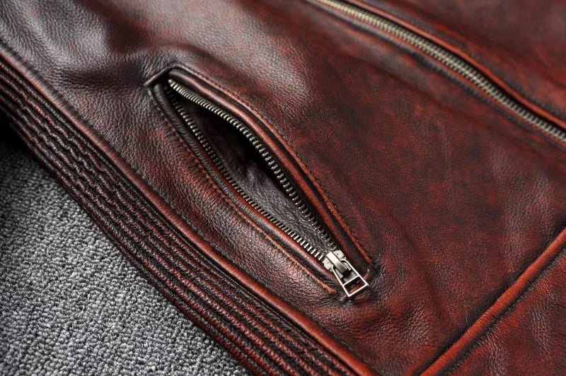 Pure Top Layer Cowhide Motorcycle Suit Leather Jacket Men's Cycling Jacket Slim Fit Stand Collar Short Black Jacket