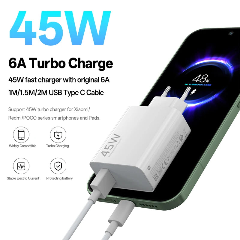 Original Xiaomi Charger 45W Turbo Fast Charging Phone Charger USB Cable with Box Mi 10T Pad 7 6 Redmi Note 14 Pro POCO X7 M7 Pro