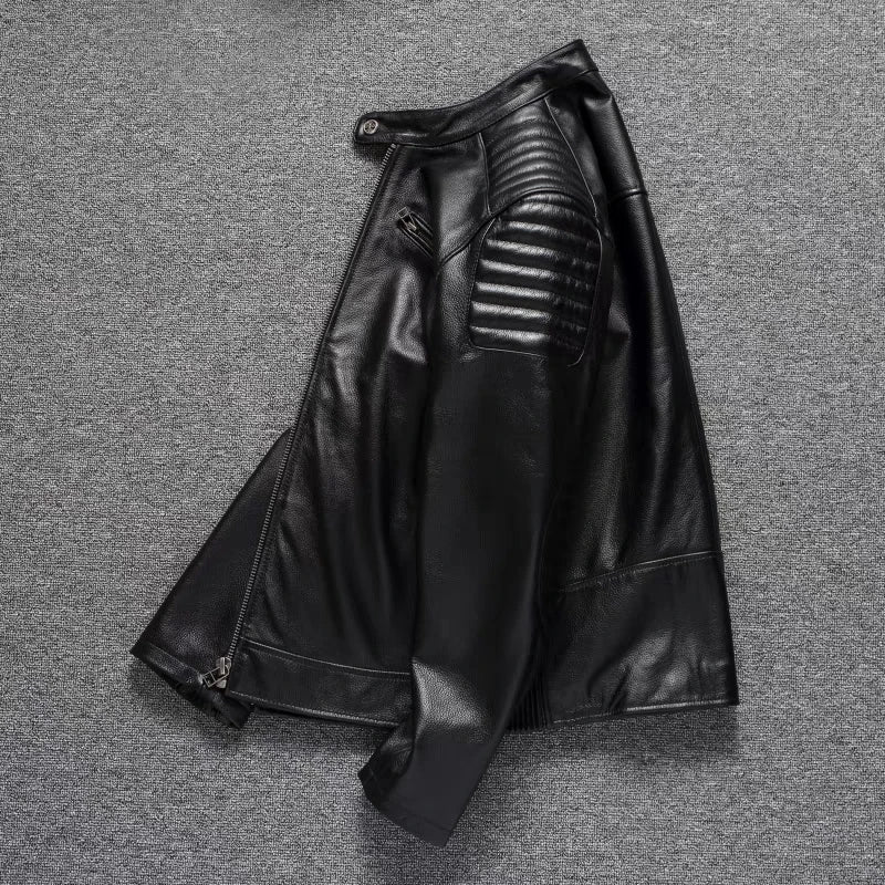 Pure Top Layer Cowhide Motorcycle Suit Leather Jacket Men's Cycling Jacket Slim Fit Stand Collar Short Black Jacket