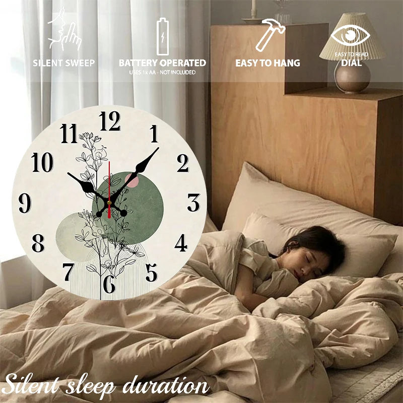 Botanical Design Wooden Round Silent Hanging Wall Clock, Suitable For Living Room, Office, Study Room, Bedroom, Home Decoration