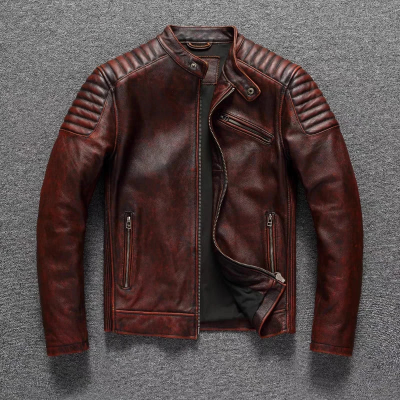 Pure Top Layer Cowhide Motorcycle Suit Leather Jacket Men's Cycling Jacket Slim Fit Stand Collar Short Black Jacket