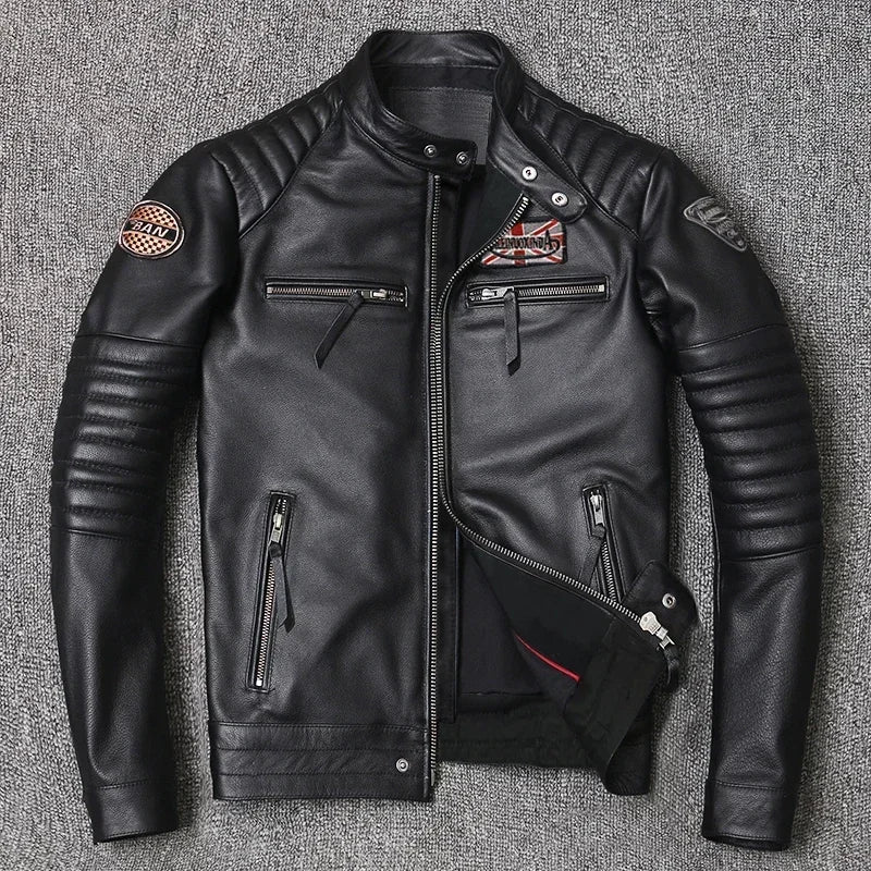 Motorcycle for Men Biker Style Mixed Spinning Slim Cowhide Coat Men  Jackets
