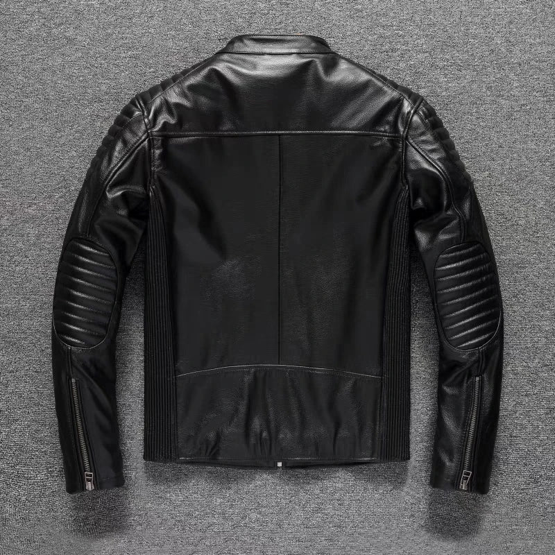 Pure Top Layer Cowhide Motorcycle Suit Leather Jacket Men's Cycling Jacket Slim Fit Stand Collar Short Black Jacket