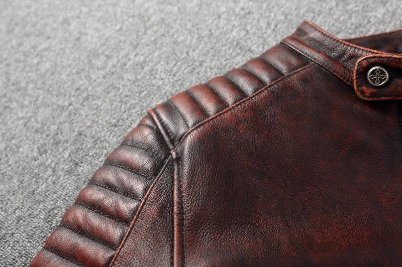 Pure Top Layer Cowhide Motorcycle Suit Leather Jacket Men's Cycling Jacket Slim Fit Stand Collar Short Black Jacket