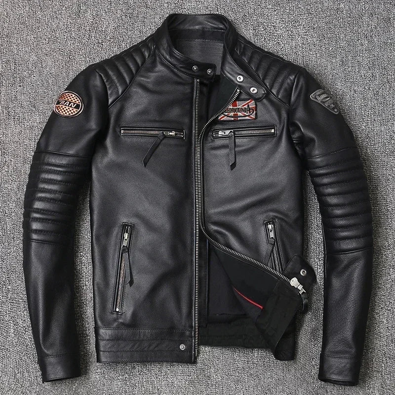 Motorcycle for Men Biker Style Mixed Spinning Slim Cowhide Coat Men  Jackets