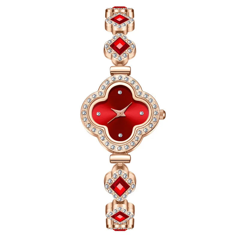 Clover bracelet watch with quartz and diamond inlay, fashionable women's watch