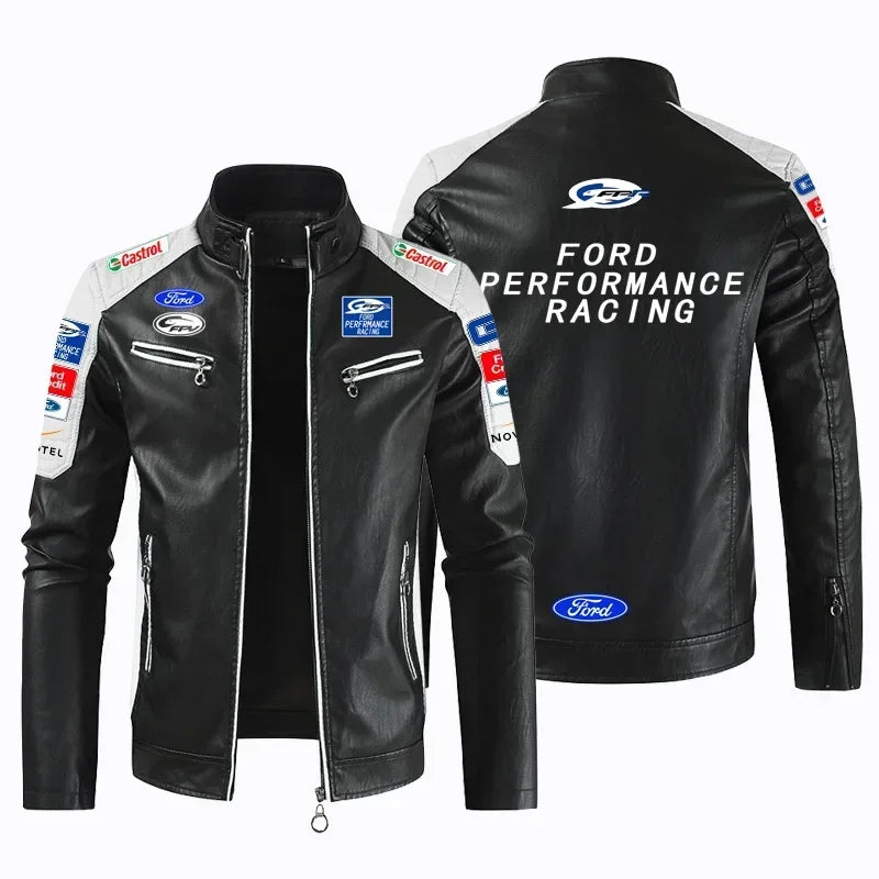 F1 racing suit men's motorcycle leather jacket suitable for Ford FORD team autumn and winter velvet warm jacket