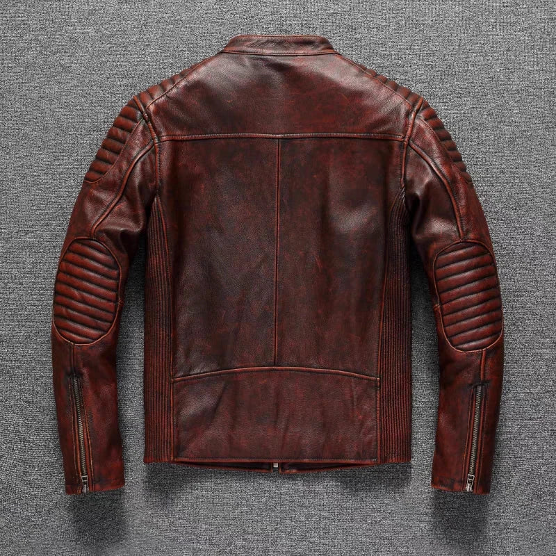 Pure Top Layer Cowhide Motorcycle Suit Leather Jacket Men's Cycling Jacket Slim Fit Stand Collar Short Black Jacket