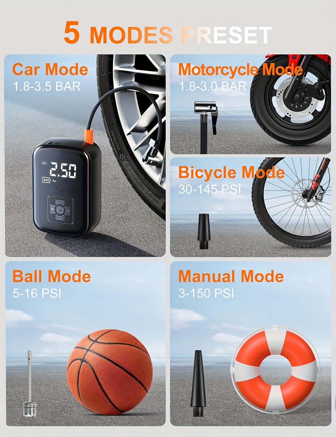 1pc Digital Display Portable Air Compressor Pump with LED Light, USB Charging, Rechargeable Lithium Battery, for Tire Inflation, Car/Bike/Motorcycle/Ball, Quieter & Longer Lasting, Intelligent Temperature Control