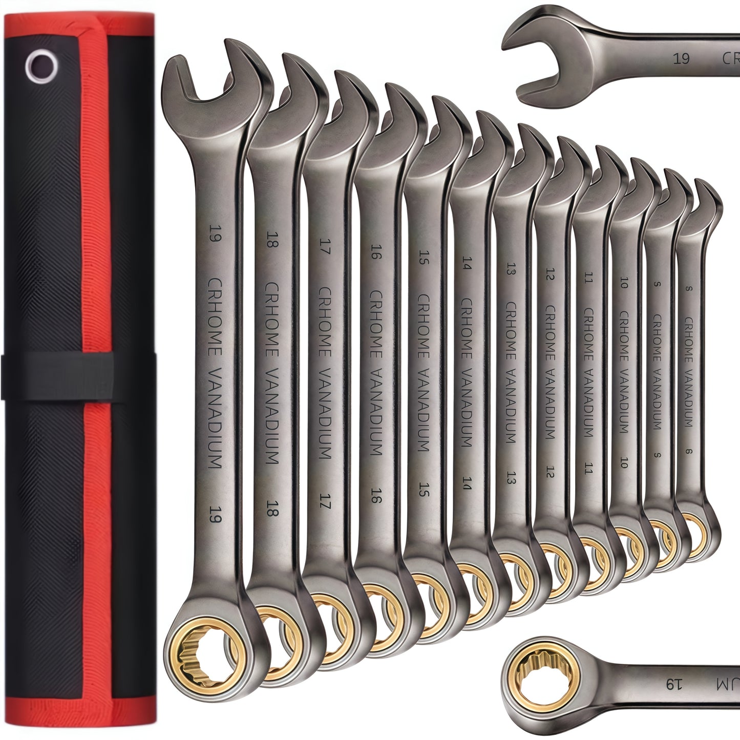 Black Nickel Fixed Head Ratchet Metric Wrench Set 6-19mm with Rolling Bag 72 Teeth Industrial Chrome Vanadium Steel Material Rust-Resistant for Motorcycle and Bicycle Repair