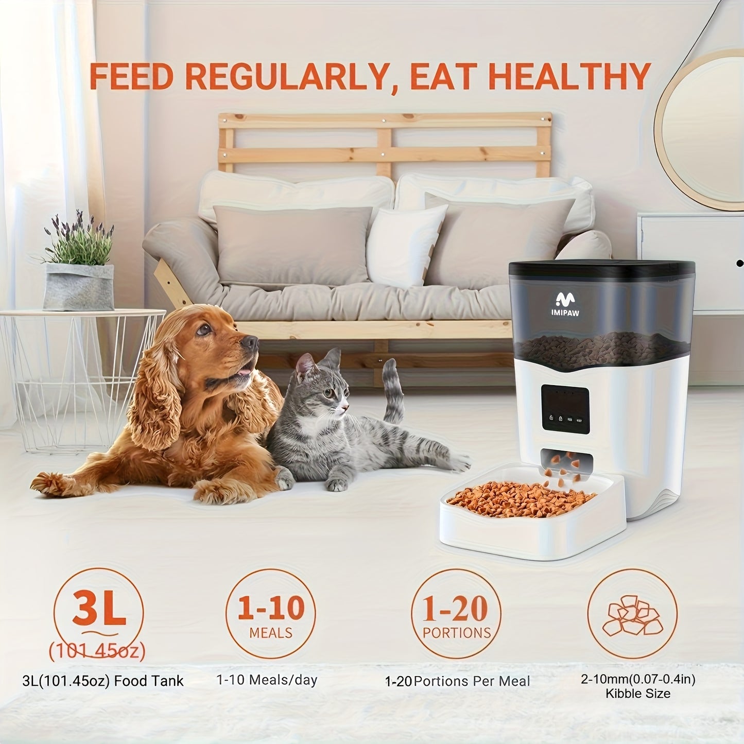 IMIPAW 3L Smart WiFi Pet Feeder - Automatic Cat & Dog Food Dispenser with App Control, Up to 20 Meals per Day, USB-Powered