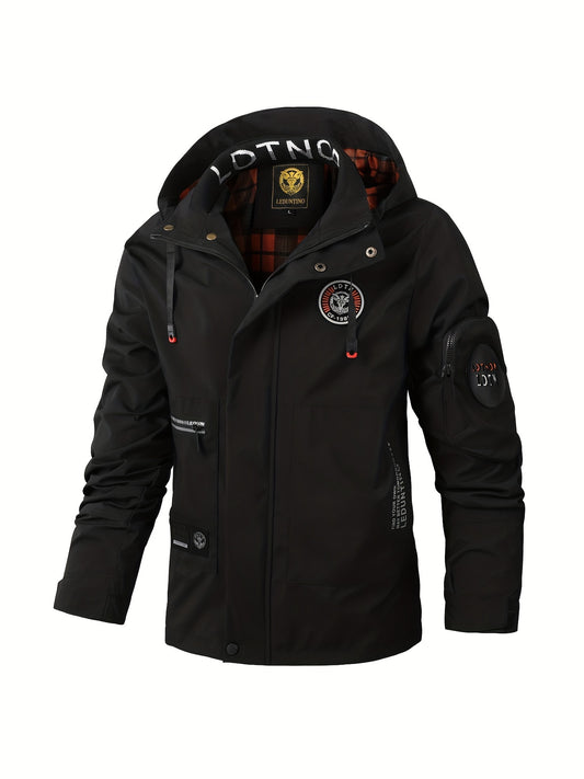 Men'S Casual Solid Color Hooded Jacket with Checkered Lining - Lightweight Zipper Front, Stand Collar, Ribbed Cuffs & Hem, Multiple Pockets, Polyester for Spring/Fall Outdoor Wear, Lightweight Jacket, Durable Fabric, Zipper C